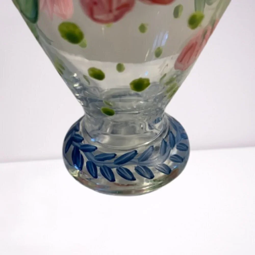 Hand-Painted Pink Green Ruffled Edge Checked Floral Vase by Tracy Poter 6.5